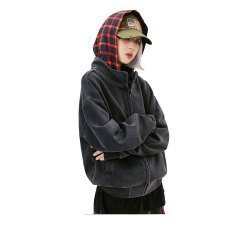 纯棉华棉薄款水洗做旧美式假两件连帽卫衣宽松女外套女卫衣