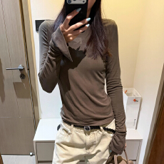 批发人棉<b class='q'>莫代尔</b>1*1随心裁260克韩版复古休闲风棕色圆领长袖<b class='q'>T</b><b class='q'>恤</b>女