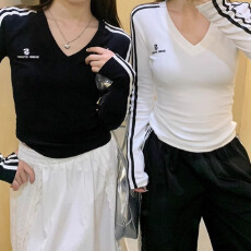 批发40支<b class='q'>纯棉</b>美式新款条纹<b class='q'>打底衫</b>上衣潮 早秋V领长袖t恤女