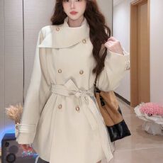 批发2025秋季名媛黑色风衣女网红爆款小个子韩系中长款英伦风<b class='q'>外套</b>