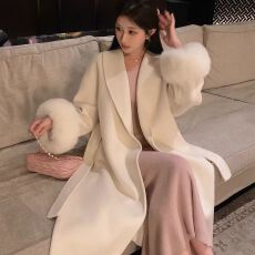 批发法式气质中长款呢子大衣女装秋冬设计感别致毛袖气质休闲风衣<b class='q'>外套</b>