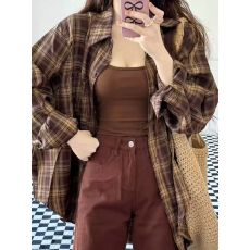 批发复古咖色polo领磨毛格子衬衫女叠穿内搭宽松遮肉显瘦长袖衬衣外穿