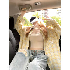 批发复古黄色格子衬衫女春夏季<b class='q'>防晒</b>薄款<b class='q'>外套</b>宽松慵懒风休闲长袖上衣