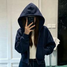 批发韩系复古正肩短款卫衣外套女早秋季小个子百搭遮肉连帽开衫拉链