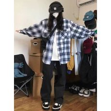 批发日系复古cityboy黑白<b class='q'>格子</b>拼接<b class='q'>衬衫</b>男女休闲宽松<b class='q'>衬衣</b>设计感小众潮