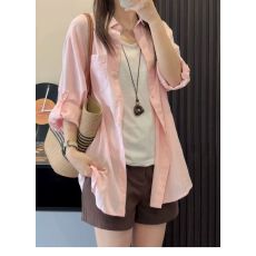 批发别致绝美粉色亚麻衬衫外套女夏季高级感棉麻衬衣<b class='q'>长袖</b>防晒开衫上衣