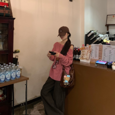 批发100%棉咖啡色高腰工装阔腿秋季水洗宽松显瘦垂感休闲直筒拖地