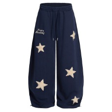 批发植绒刺绣纯棉复合美式复古星星刺绣休闲卫<b class='q'>裤</b>男女阔腿拖地长<b class='q'>裤</b>