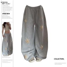 批发植绒刺绣纯棉复合美式复古星星刺绣休闲卫<b class='q'>裤</b>男女阔腿拖地长<b class='q'>裤</b>