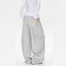 批发植绒刺绣纯棉复合美式复古星星刺绣休闲卫<b class='q'>裤</b>男女阔腿拖地长<b class='q'>裤</b>