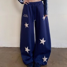 批发植绒刺绣纯棉复合美式复古星星刺绣休闲卫<b class='q'>裤</b>男女阔腿拖地长<b class='q'>裤</b>