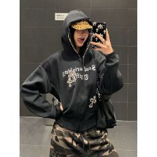 纯棉复合刺绣复古豹纹拼接连帽开衫外套女重磅短款帽衫上衣