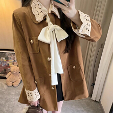 批发原版有内里 复古蕾丝棕色外套女秋冬季美拉德翻领<b class='q'>工装</b>小香风上衣