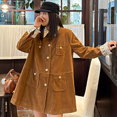 批发原版有内里 复古翻领中长款麂皮/丝绒外套工装风衣女 美拉德穿搭