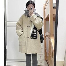 批发高级感杏色小翻领呢子大衣女秋冬季新款韩系小个子<b class='q'>中长款</b>毛呢外套