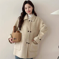 批发高级设计感双排扣呢子大衣女冬季新款韩版小个子<b class='q'>中长款</b>毛呢外套