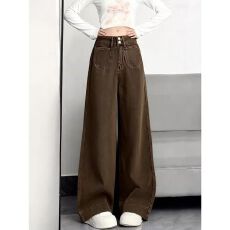 批发实价大码胖mm美拉德风咖色阔腿<b class='q'>牛仔裤</b>女秋冬季高腰显瘦宽松