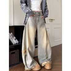 批发复古直筒<b class='q'>牛仔裤</b>子女高腰宽松显瘦春秋季阔腿裤小个子拖地长裤