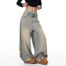 批发复古破洞直筒<b class='q'>牛仔裤</b>子女高腰宽松显瘦春夏季阔腿裤小个子拖地长裤