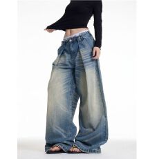 批发美式复古浅色阔腿<b class='q'>牛仔裤</b>女秋冬高街设计感宽松垂感高腰直筒拖地裤