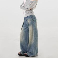 批发美式复古高腰弯刀<b class='q'>牛仔裤</b>女秋冬高街设计感宽松显瘦垂感阔腿拖地裤