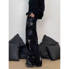 批发美式高街复古设计感泼墨印花<b class='q'>牛仔裤</b>男女潮牌时尚宽松痞帅阔腿裤