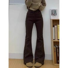 批发九分/长裤/加长/美拉德加绒咖啡色微喇<b class='q'>牛仔裤</b>女新款秋冬高腰马蹄