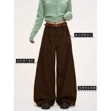 批发美式直筒<b class='q'>牛仔裤</b>女新款高腰复古松紧褶皱小个子咖色阔腿裤