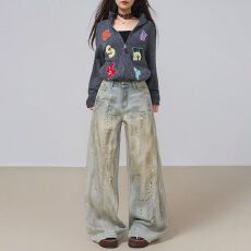 批发实价高街设计感阔腿<b class='q'>牛仔裤</b>女秋冬新款复古宽松显瘦直筒拖地裤