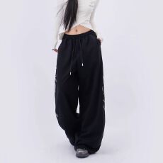 批发华棉复合美式嘻哈风重磅烫钻黑色阔腿裤女街舞个性宽松<b class='q'>休闲</b>裤