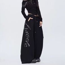 批发华棉复合美式嘻哈风重磅烫钻黑色阔腿裤女街舞个性宽松<b class='q'>休闲</b>裤