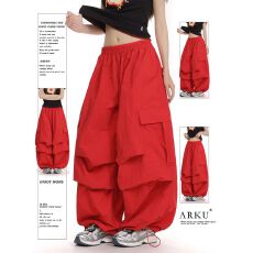 批发原版质量美式<b class='q'>街头</b>大口袋打褶设计纯色阔腿裤宽松亮色系伞兵裤