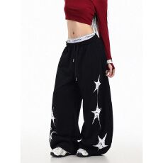 批发纯棉复合美式星星印花阔腿裤女宽松<b class='q'>街头</b>潮流爵士舞裤休闲裤
