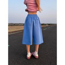 批发美式街头复古篮球运动字母印花阔腿七分裤<b class='q'>男</b>女夏季松紧腰宽松<b class='q'>短裤</b>