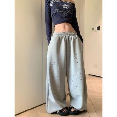 美式复古华夫格铆钉阔腿卫裤男女宽松休闲裤直筒长裤子