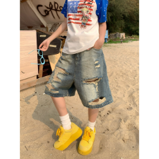 批发美式复古水洗破洞时髦牛仔短裤男女夏季新款宽松休闲五分裤短裤潮