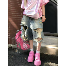 批发美式复古水洗破洞时髦牛仔五分裤男女夏宽松休闲百搭潮流短裤