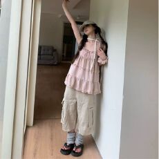 批发美式复古褶皱多口袋七分裤男女夏季宽松休闲阔腿工装裤牛仔<b class='q'>短裤</b>潮