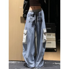 批发cleanfit复古条纹字母印花慵懒休闲<b class='q'>裤</b>宽松垂感大口袋设计感阔腿<b class='q'>裤</b>