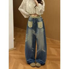 复古蓝豹纹拼接阔腿牛仔裤女秋季新款辣妹时尚慵懒风百搭弯刀长裤