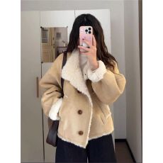 批发撞色皮毛一体麂皮绒棉服女2025冬季新款韩版巨好看百搭翻领女上衣