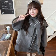 批发(复合400克)灰色斗篷披毛呢<b class='q'>外套女</b>百搭加厚宽松韩系自带围脖大衣