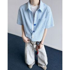 批发趣味纽扣是刺绣 蓝色泡泡纱短袖衬<b class='q'>衫</b>男女夏季度假风休闲<b class='q'>情侣</b><b class='q'>外套</b>