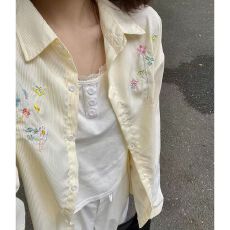 批发原版面料刺绣条纹<b class='q'>衬衫</b>女叠穿遮肉宽松百搭<b class='q'>衬衣</b>外搭防晒开衫ins潮