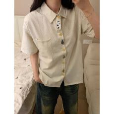 批发<b class='q'>日系</b>趣味猫咪刺绣短袖POLO衫女夏季宽松bf慵懒风情侣百搭条纹衬衫