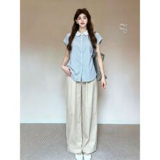 批发韩系夏季时尚显瘦休闲运动套<b class='q'>装</b>女条纹短袖<b class='q'>衬衫</b>阔腿长<b class='q'>裤</b>简约两件套