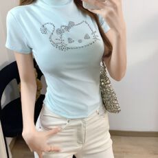 批发辣妹烫钻紧身半高领短袖<b class='q'>T</b>恤女夏新款修身显瘦设计感性感短款上衣