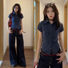 批发美式辣妹藏青色条纹短袖衬衫<b class='q'>女</b>夏季<b class='q'>新款</b>设计感小众修身收腰衬衣服