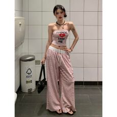 美式辣妹运动服套装女夏季时尚短款条纹抹胸背心阔腿裤休闲两件套