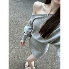 批发纯欲风露肩显瘦针织两件套女秋季斜肩上衣+包臀短裙辣妹套装